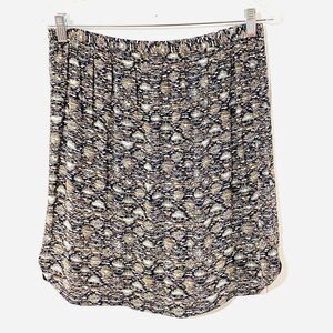 SESSUN Rayon BROWN Black TAN Ivory Print MINI Skirt 40 8 Med FLAT WAIST Zipper